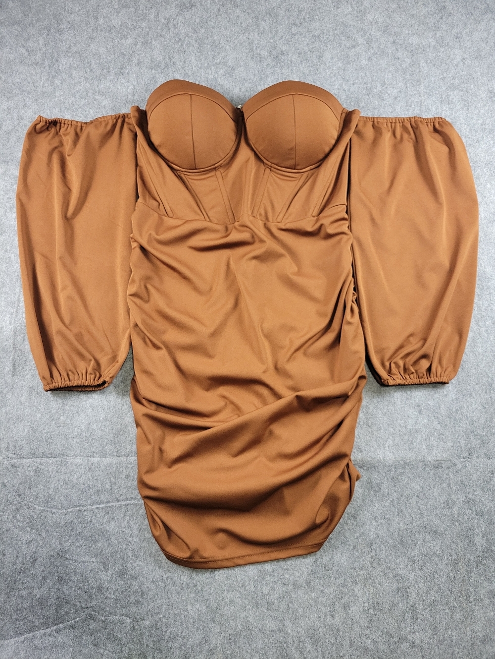 Shein Curve Tan Ruched Balloon Sleeve Corset Dress Women Size 1XL